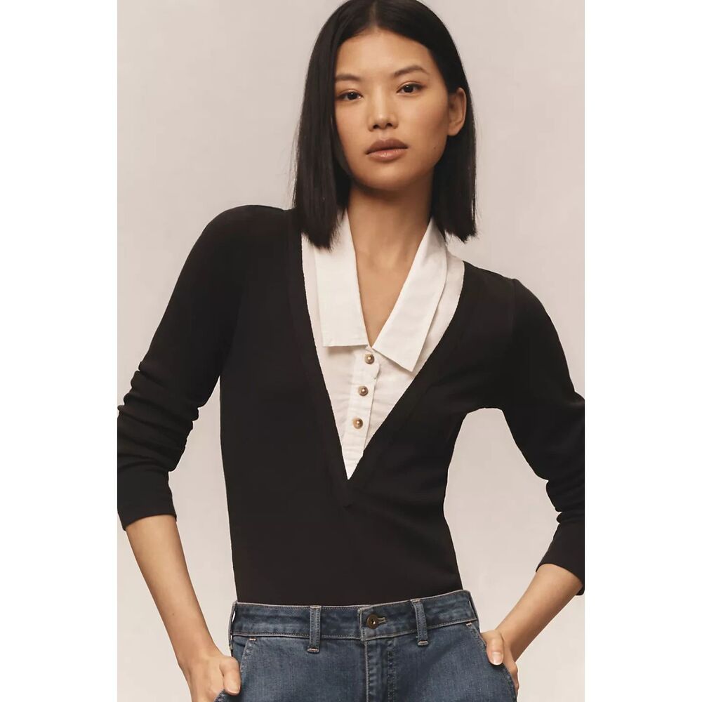 NWT Anthropologie Pilcro Collared Bodysuit, Black/White, Size M - Picture 2 of 12